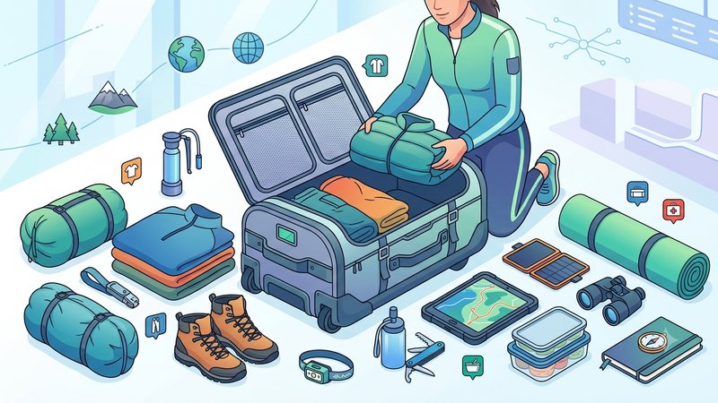 Открытый чемодан с походным снаряжением и одеждой для экспедиции на светлом фоне
